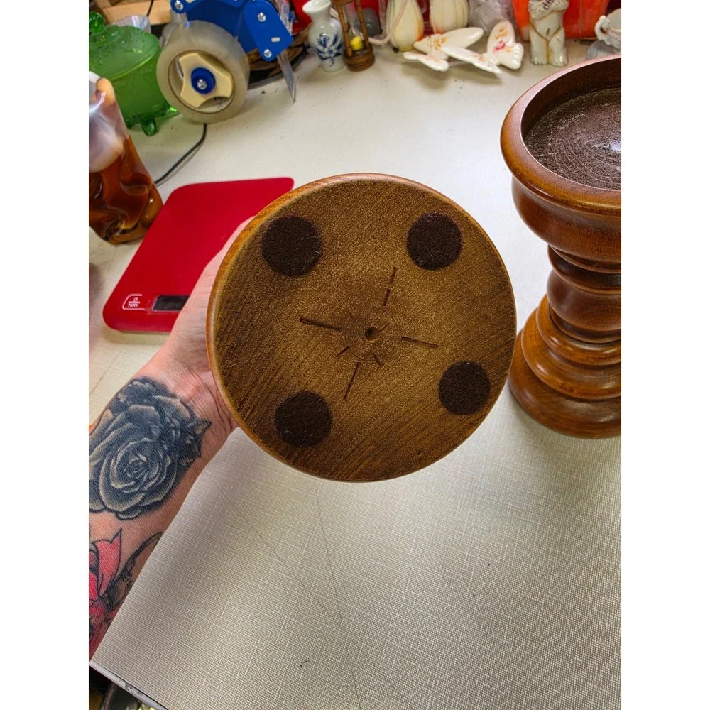 Vintage Wood Pillar Candle Holders Set of 2 Spindle Turned Farmhouse Decor 7.5in